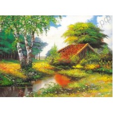 Пейзаж: домик в траве, выполненный маслом на холсте